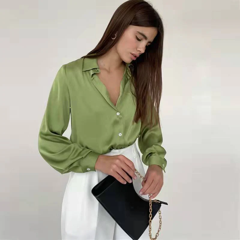 FashionSierra - Elegant Long Sleeve Green Silk Blouse - Image 3