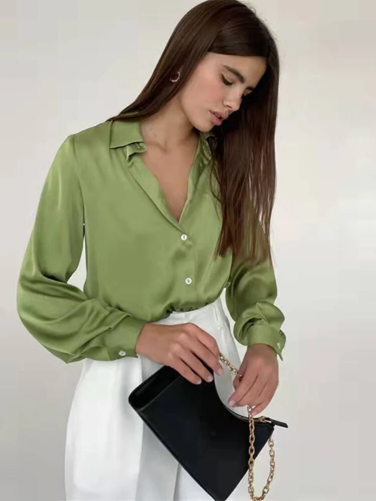 FashionSierra - Elegant Long Sleeve Green Silk Blouse - Image 8