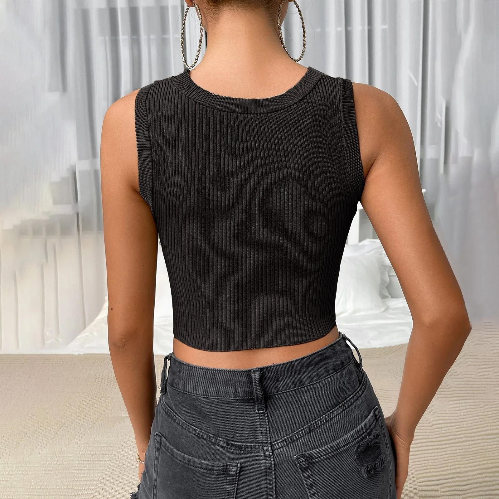 Women Skinny Streetwear Knitted Crop Fashion Solid Sleeveless Hollow Out Ladies Club Cami Top - Image 4
