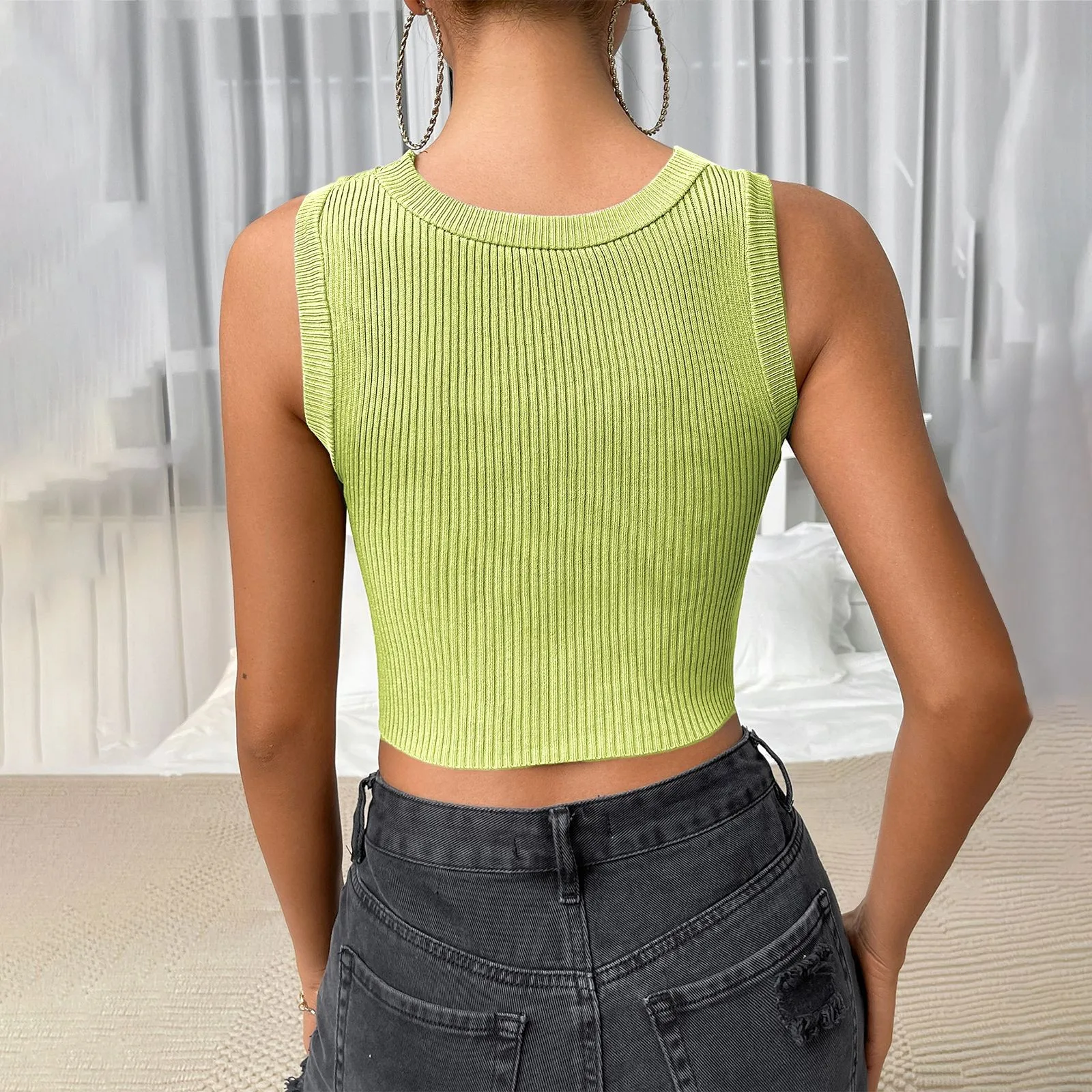 Women Skinny Streetwear Knitted Crop Fashion Solid Sleeveless Hollow Out Ladies Club Cami Top - Image 6
