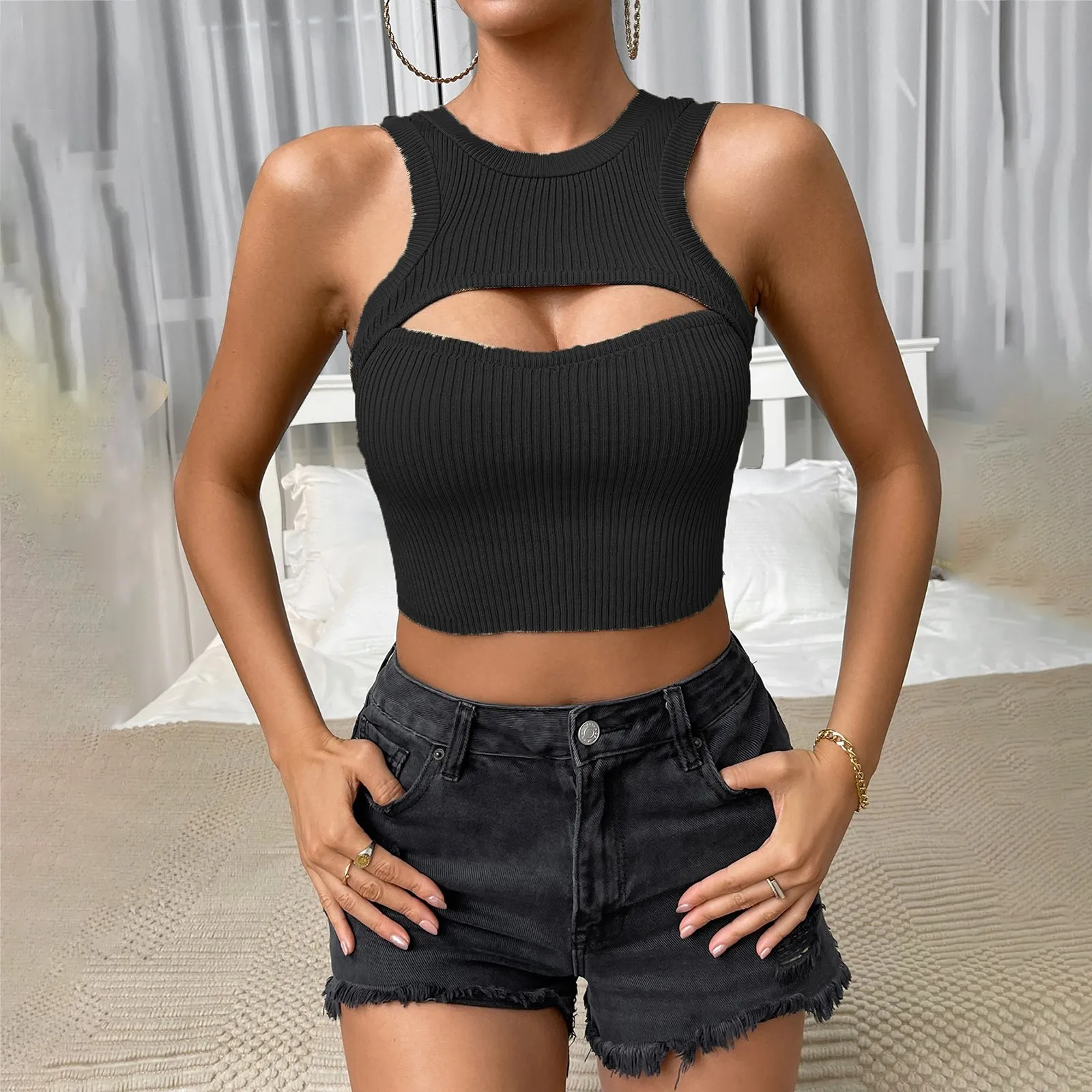 Women Skinny Streetwear Knitted Crop Fashion Solid Sleeveless Hollow Out Ladies Club Cami Top - Image 7