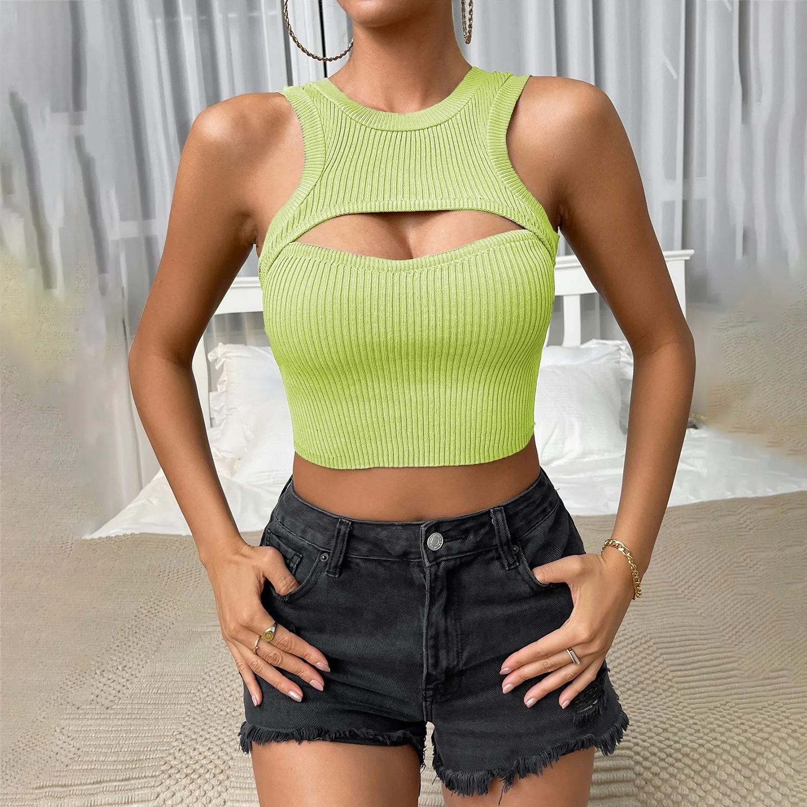Women Skinny Streetwear Knitted Crop Fashion Solid Sleeveless Hollow Out Ladies Club Cami Top - Image 8