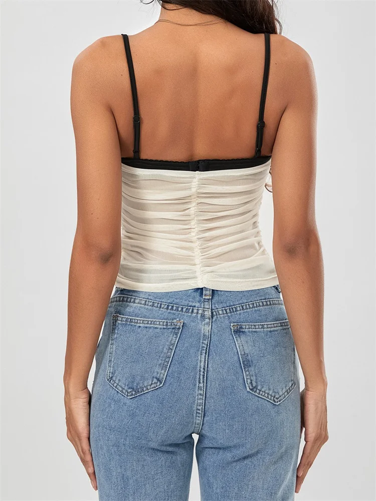 Mesh Sleeveless Strap Ruched Contrast Color Streetwear Cami Top - Image 3