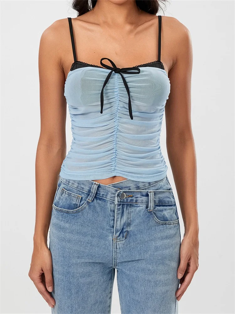 Mesh Sleeveless Strap Ruched Contrast Color Streetwear Cami Top - Image 4