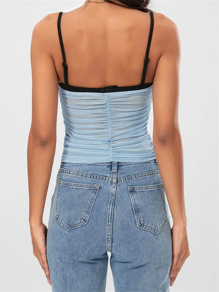 Mesh Sleeveless Strap Ruched Contrast Color Streetwear Cami Top - Image 6