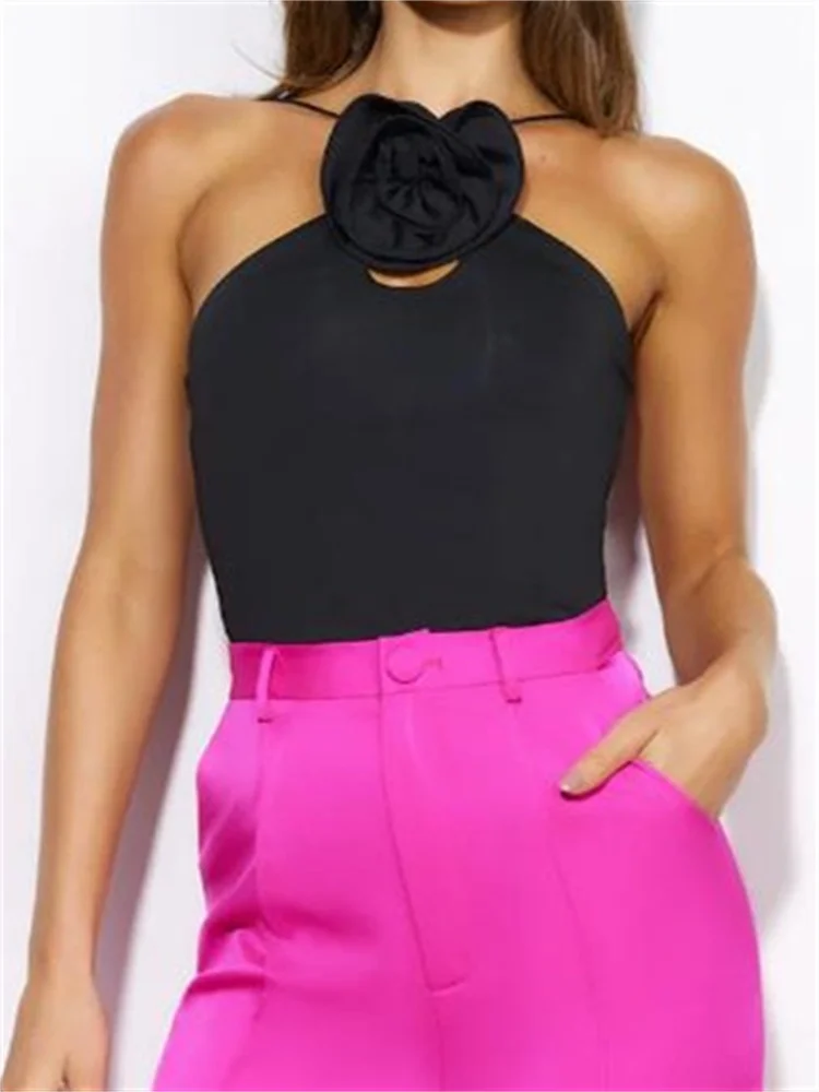 Flower Patchwork Halter Lace-up Off Shoulder Black Clubwear Cami Top - Image 4