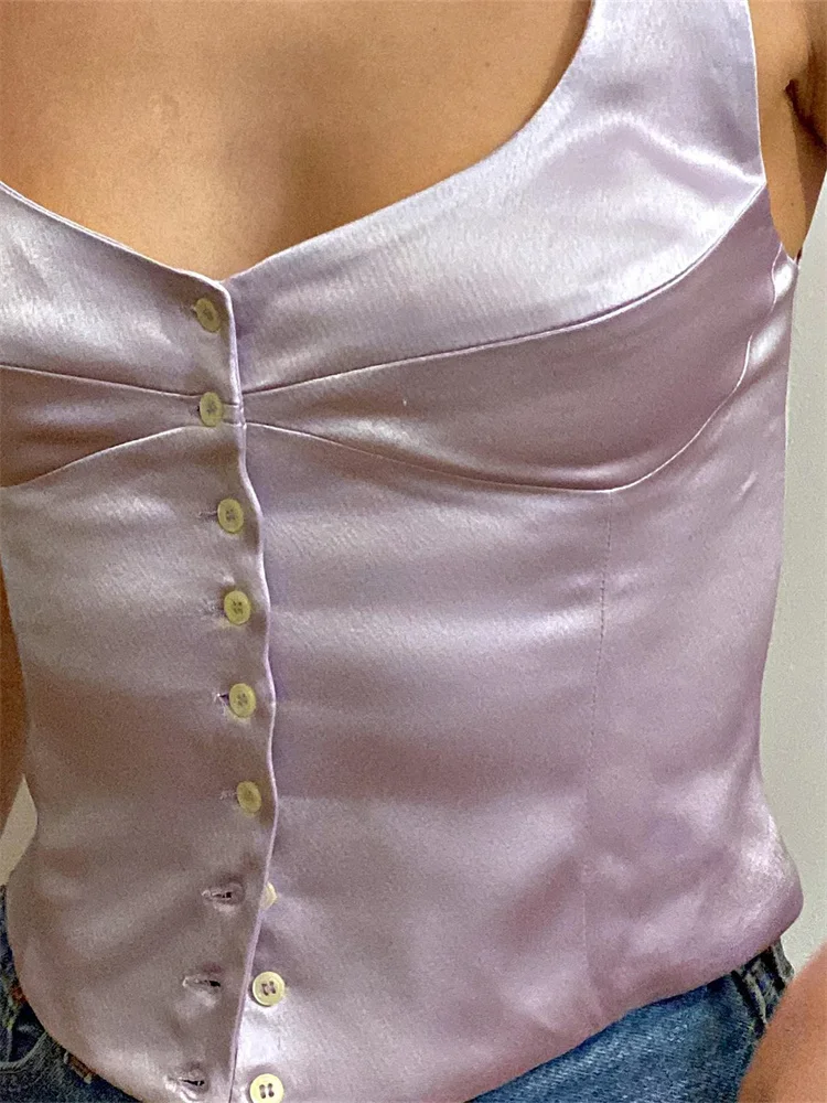 Single Breasted Sleeveless Elegant Solid V-neck Push Up Casual Streetwear Cami Top - Image 3