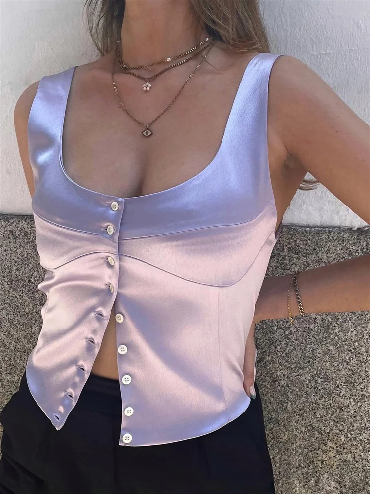 Single Breasted Sleeveless Elegant Solid V-neck Push Up Casual Streetwear Cami Top - Image 8