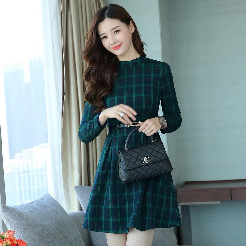 FashionSierra - dress autumn outfit women plaid print long sleeve o neck belted outfit - Image 5