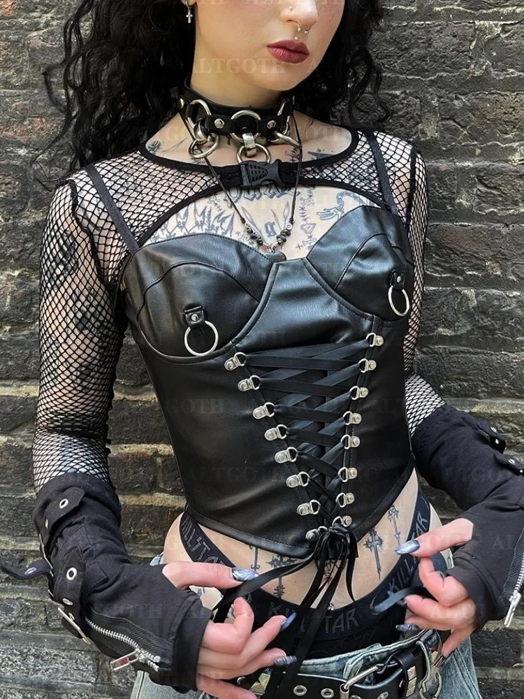 Alt Goth Cyberpunk PU Bandage Corset Crop Top - Image 7