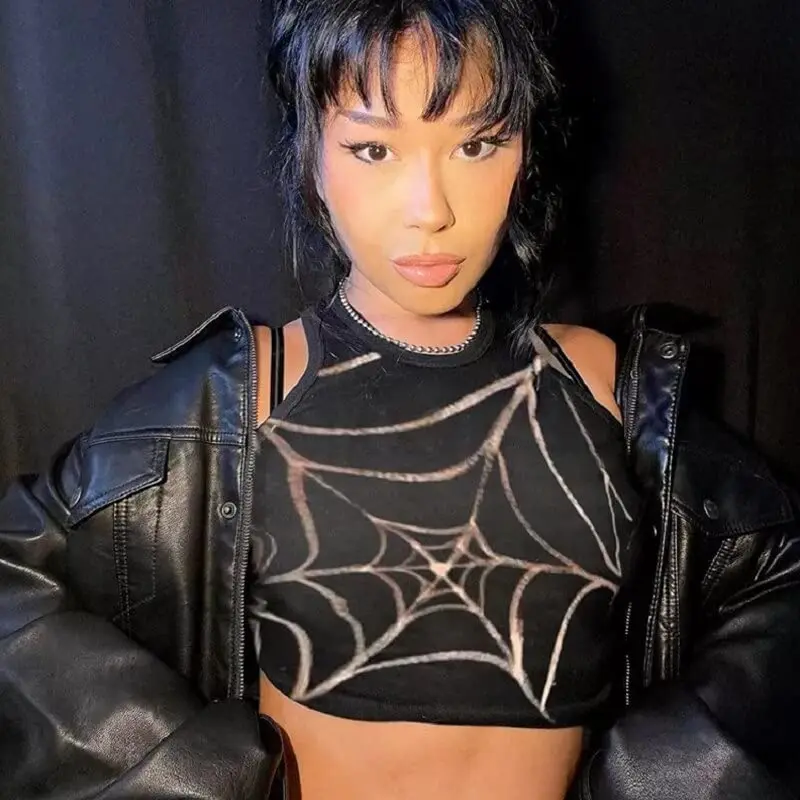Dark Grunge Spider Web Gothic Graphic Crop Top - Image 3