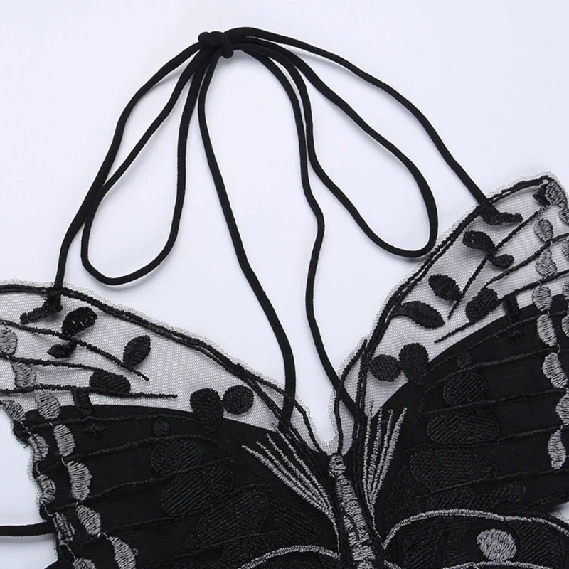 Gothic Butterfly-Shape Sexy Black Halter Strappy Backless Crop Top - Image 4