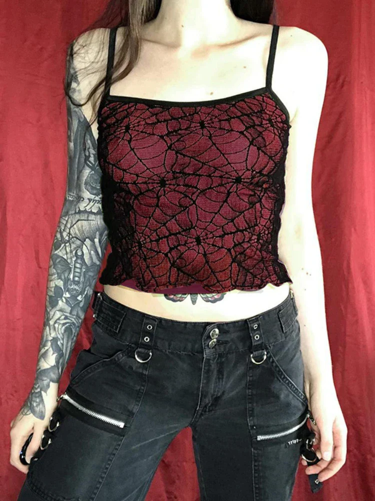 Gothic High Street Sexy Mesh Lace Backless Ruffle Sleeveless Crop Top - Image 3