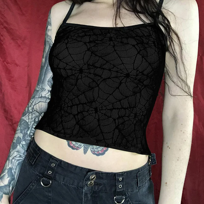 Gothic High Street Sexy Mesh Lace Backless Ruffle Sleeveless Crop Top - Image 4
