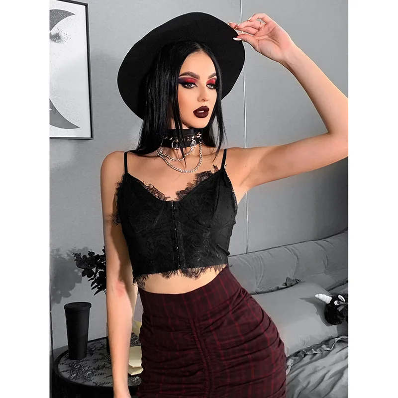 Gothic Punk Sexy Fairy Grunge V-neck Dark Lace Crop Top - Image 3