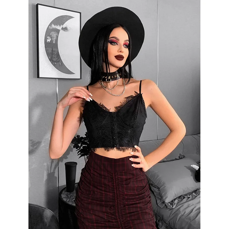 Gothic Punk Sexy Fairy Grunge V-neck Dark Lace Crop Top - Image 6