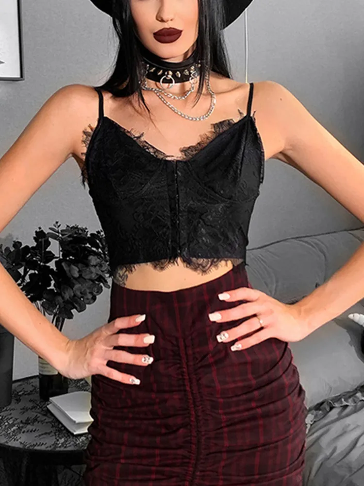 Gothic Punk Sexy Fairy Grunge V-neck Dark Lace Crop Top - Image 7