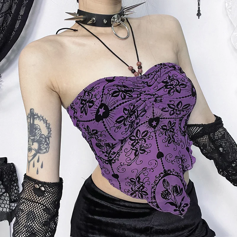 Gothic Sexy Irregular Bandeau Halterneck Flocked Backless Crop Top - Image 6