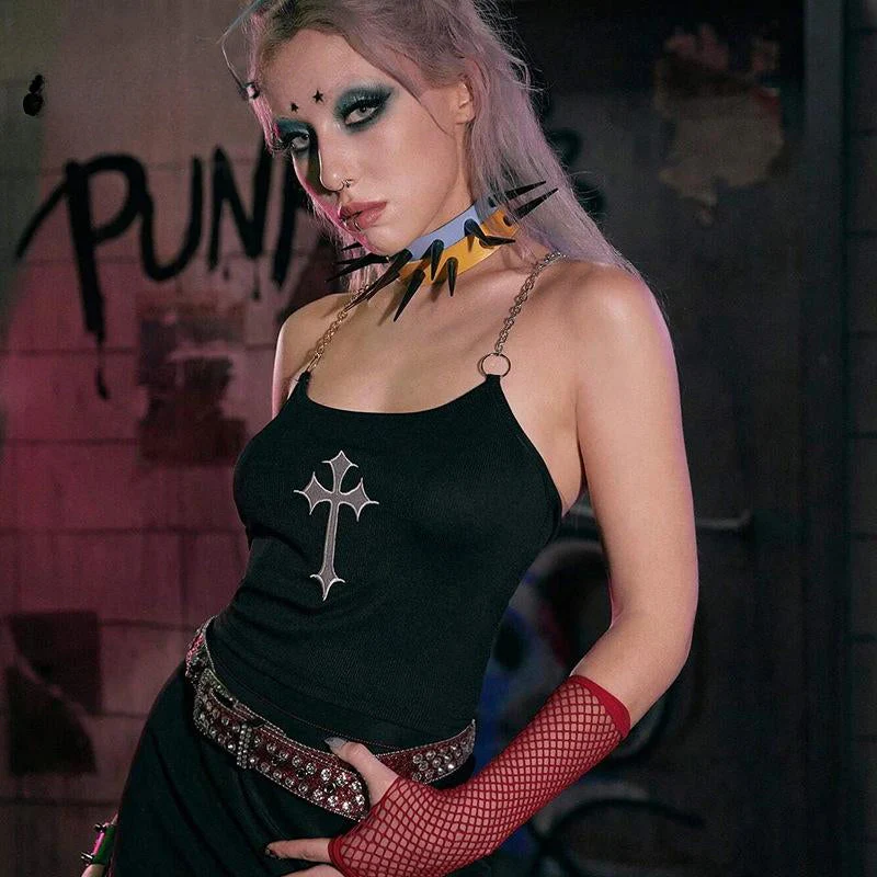 Mysterious Sexy Chain Black Cross Print Black Crop Top - Image 3