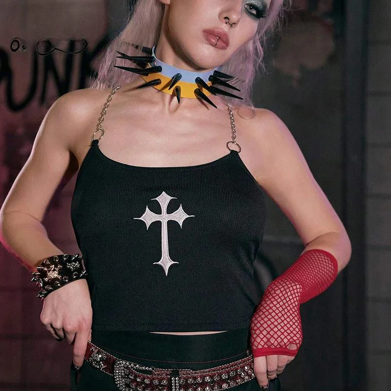 Mysterious Sexy Chain Black Cross Print Black Crop Top - Image 4