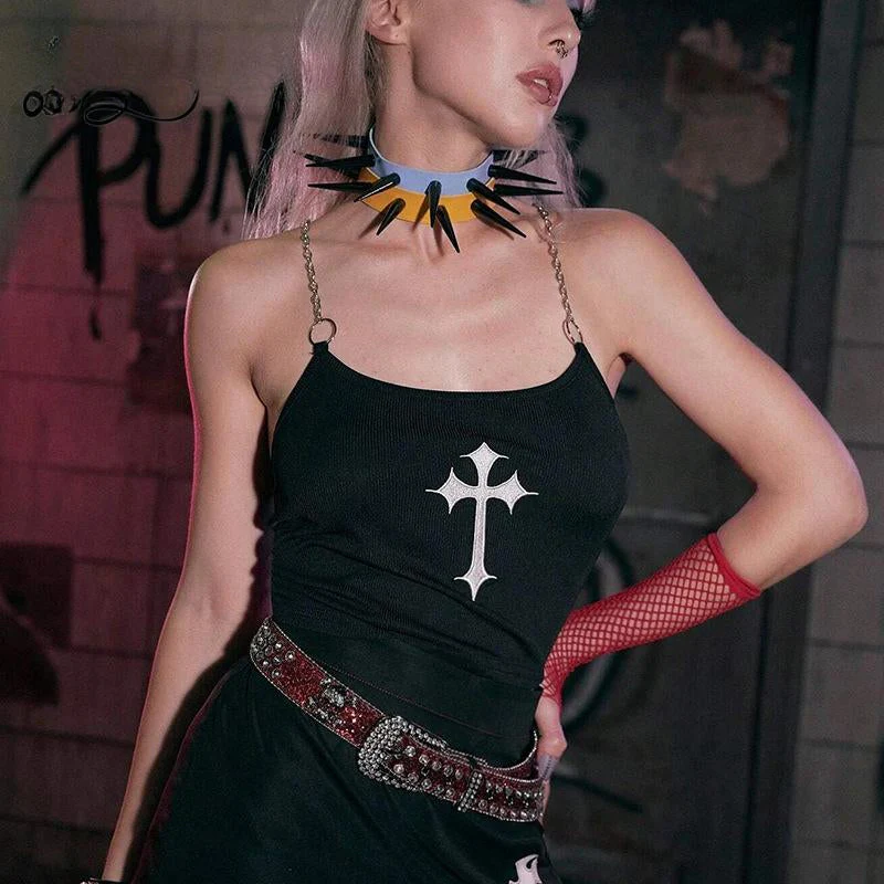 Mysterious Sexy Chain Black Cross Print Black Crop Top - Image 5