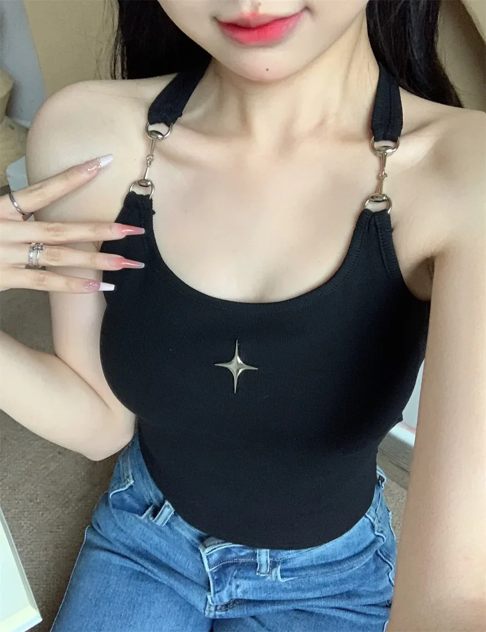 Mysterious Sexy Chain Black Cross Print Black Crop Top - Image 6