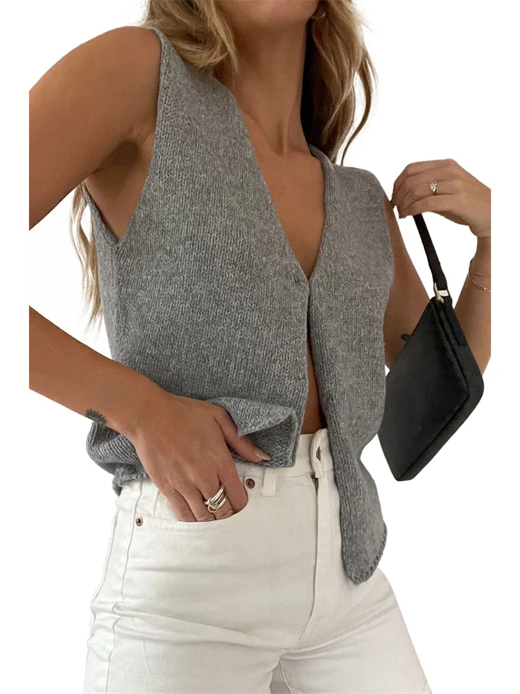 FashionSierra - 2025 Knitted Sweaters Vest Casual Retro Sleeveless V-Neck Buttons Up Tank Summer Autumn Chic Vest Club Crop Tops - Image 7