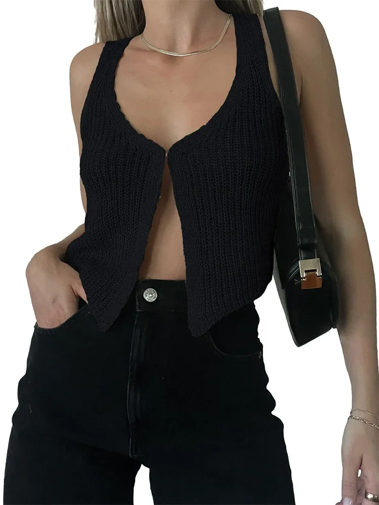 FashionSierra - 2025 Knitted Sweaters Vest Casual Retro Sleeveless V-Neck Buttons Up Tank Summer Autumn Chic Vest Club Crop Tops - Image 5
