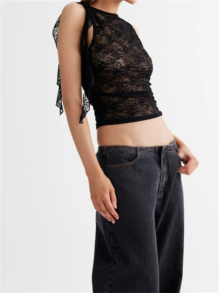 FashionSierra - 2025 Lace Floral See Through Tank for Women Mesh Sheer Sleeveless Tassels Sexy Black Slim Mini Vests Streetwear Crop Tops - Image 3