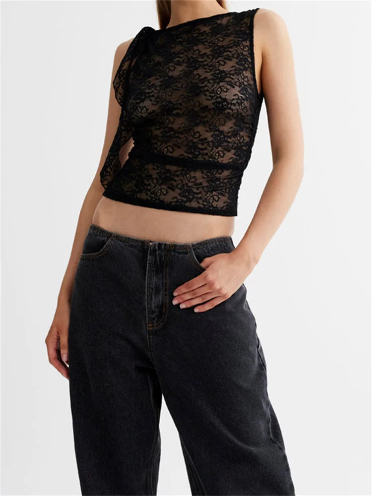 FashionSierra - 2025 Lace Floral See Through Tank for Women Mesh Sheer Sleeveless Tassels Sexy Black Slim Mini Vests Streetwear Crop Tops - Image 4