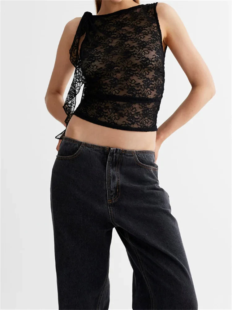 FashionSierra - 2025 Lace Floral See Through Tank for Women Mesh Sheer Sleeveless Tassels Sexy Black Slim Mini Vests Streetwear Crop Tops - Image 7