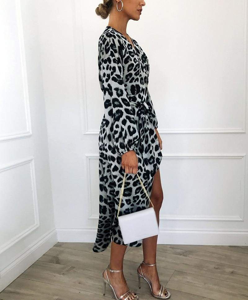 FashionSierra - Leopard Dress Women Loose Long Sleeve Deep V-neck A-line Dress - Image 14