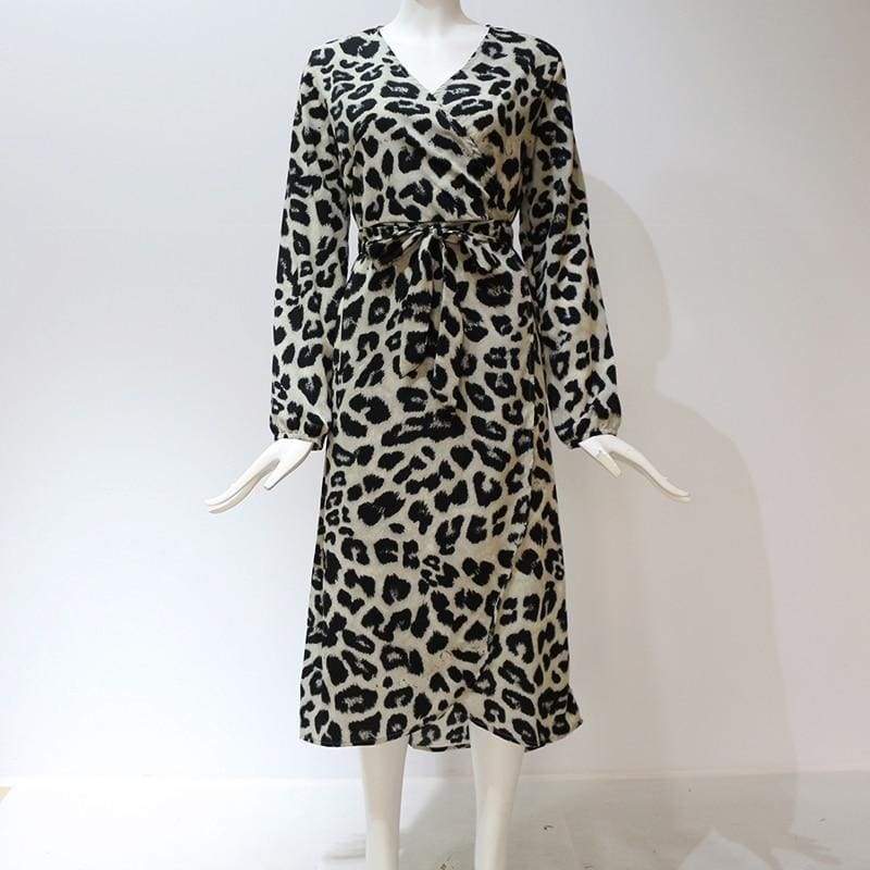 FashionSierra - Leopard Dress Women Loose Long Sleeve Deep V-neck A-line Dress - Image 6