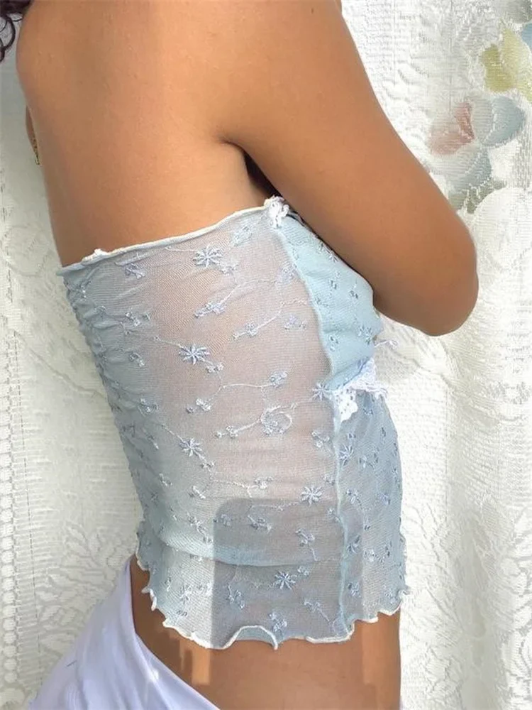 FashionSierra - 2025 Mesh Patchwork Y2K Retro Tube Cropped Clubwear Summer Sexy See Through Strapless Tank Mini Vest Crop Tops - Image 3