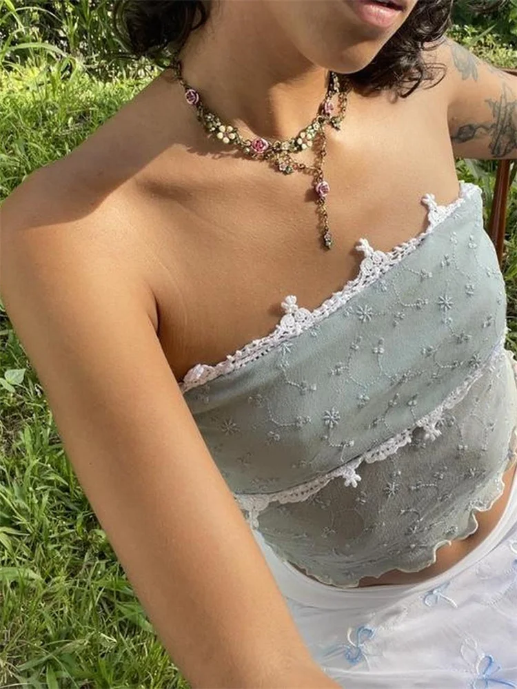 FashionSierra - 2025 Mesh Patchwork Y2K Retro Tube Cropped Clubwear Summer Sexy See Through Strapless Tank Mini Vest Crop Tops - Image 6