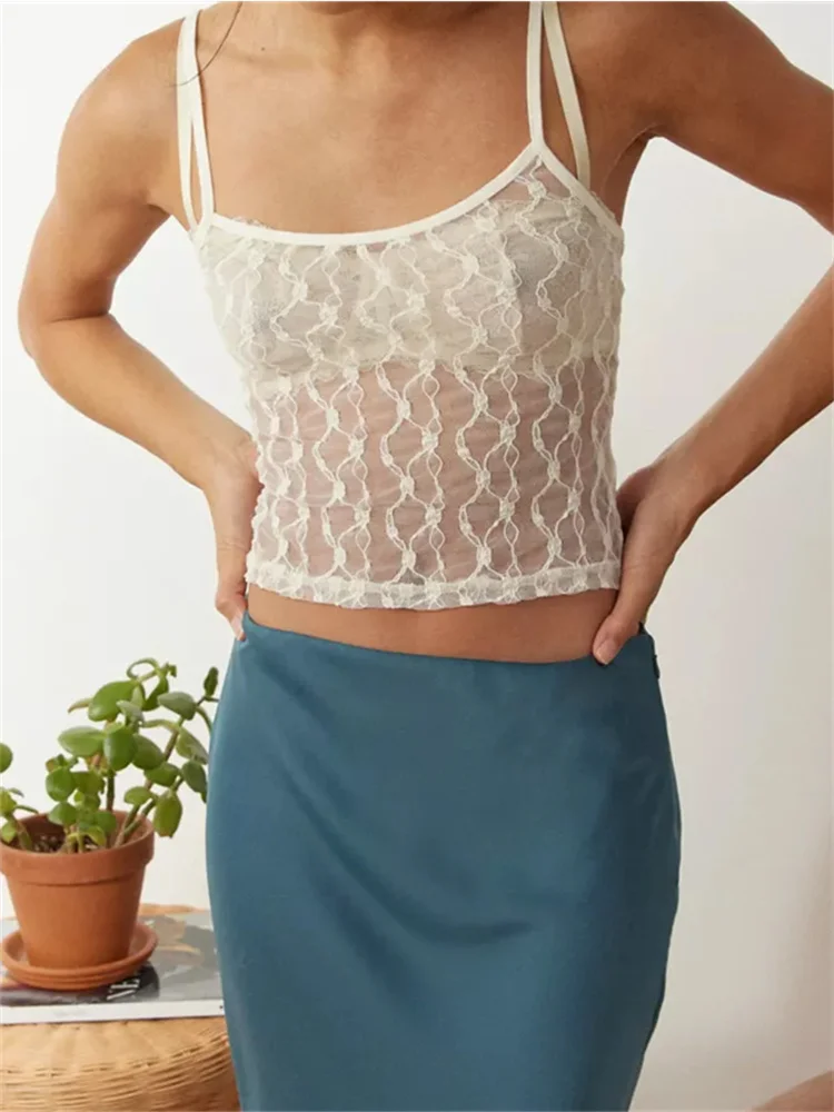 FashionSierra - 2025 Mesh Sheer Camis Slim Lace Embroidery See Through Square Neck Sleeveless Solid Short Vest for Summer Crop Tops - Image 6