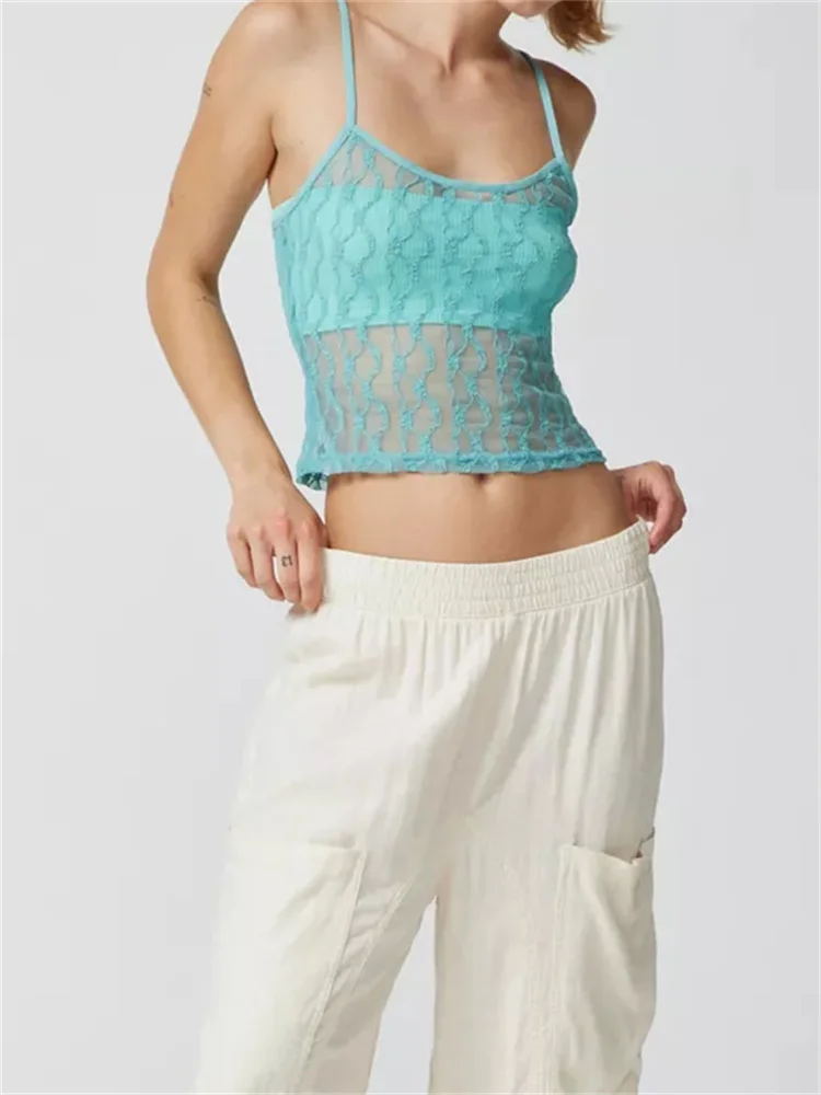 FashionSierra - 2025 Mesh Sheer Camis Slim Lace Embroidery See Through Square Neck Sleeveless Solid Short Vest for Summer Crop Tops - Image 7