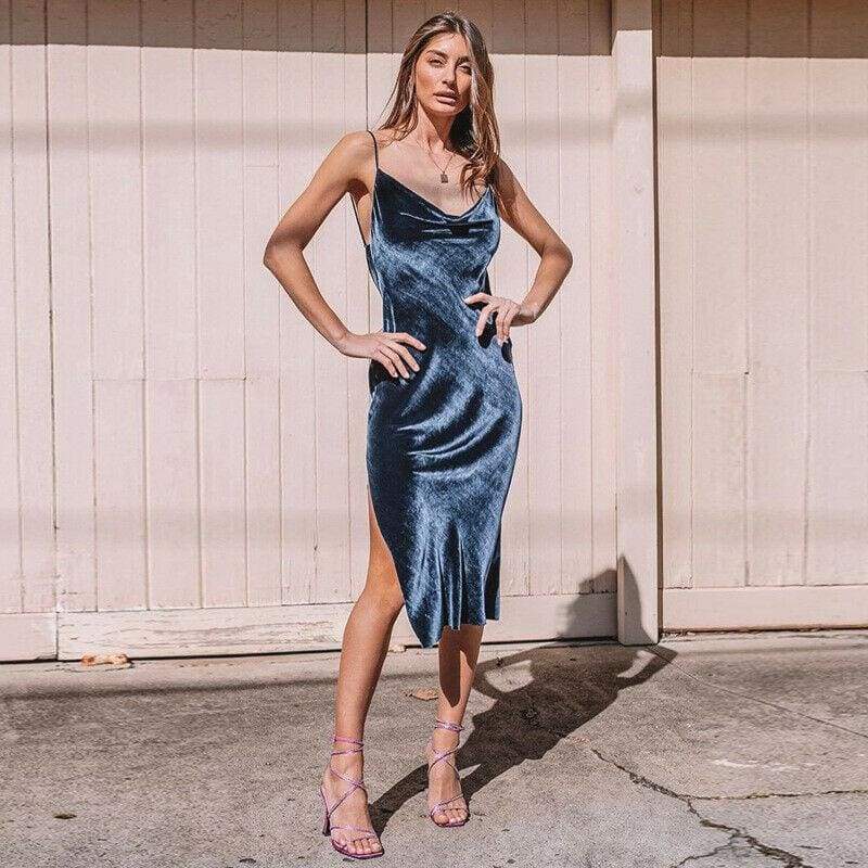 FashionSierra - New Elegant Women Sexy Solid Split Sleveless V Neck Glitter Dress Ladies Bandage Bodycon Evening Party Formal Dress - Image 7