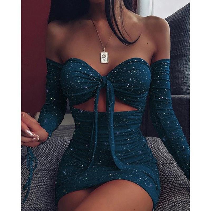 FashionSierra - Off Shoulder Glitter Dress Women Front Lace Up Hollow Out Ruchech Party Dress Stretchy Glittering Sexy Dresses Bodycon Vestidos - Image 5