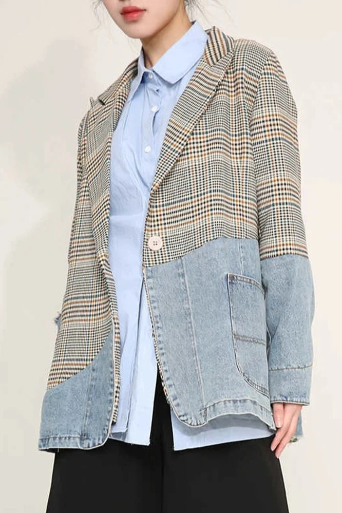 Plaid Denim Oversized Blazer - Image 3