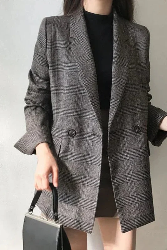 Plaid Double-Breasted Long Blazer - Image 3