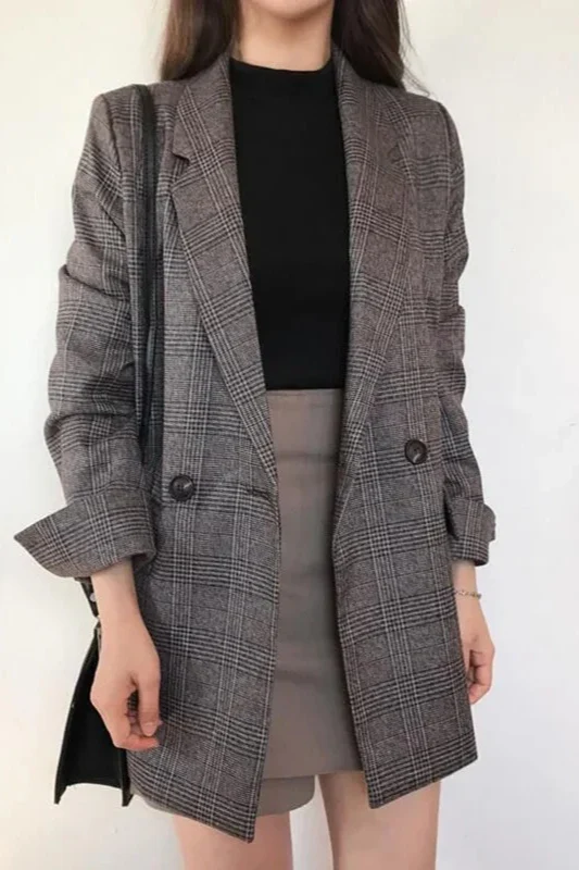 Plaid Double-Breasted Long Blazer - Image 4
