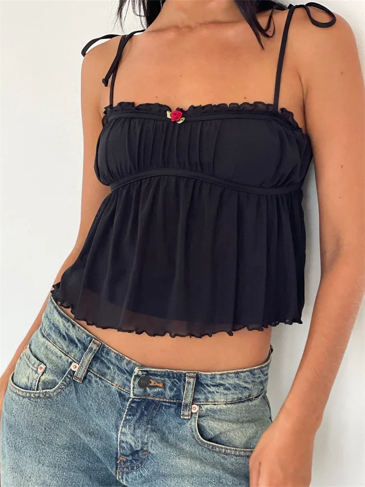 FashionSierra - 2025 Ruffles Patchwork Camis Sleeveless Tie-up Strap Tank Bow Ruched Summer Mini Vest Party Clubwear Crop Tops - Image 3