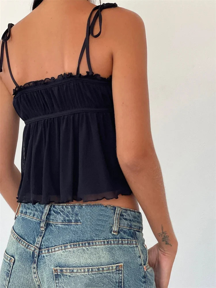 FashionSierra - 2025 Ruffles Patchwork Camis Sleeveless Tie-up Strap Tank Bow Ruched Summer Mini Vest Party Clubwear Crop Tops - Image 4