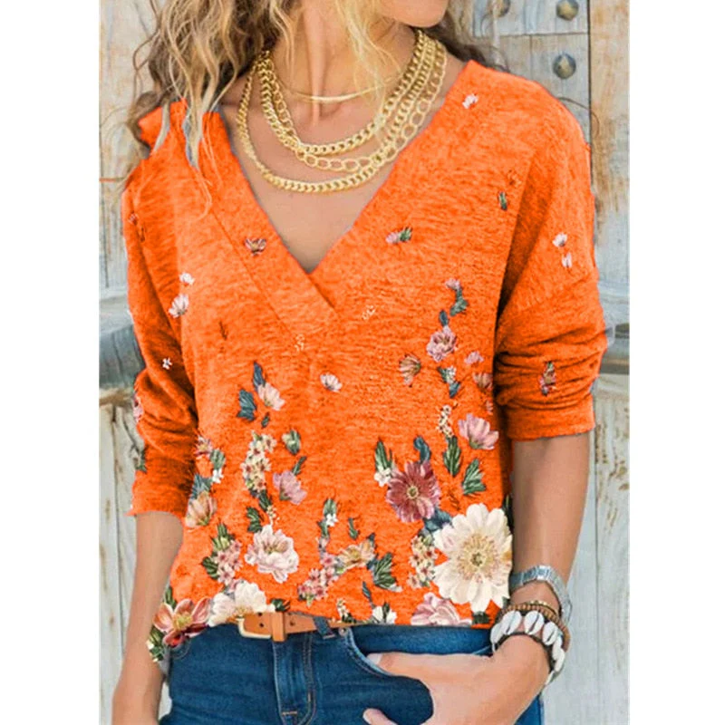 FashionSierra - V-neck Flower Print Long-sleeved T-shirt - Image 10