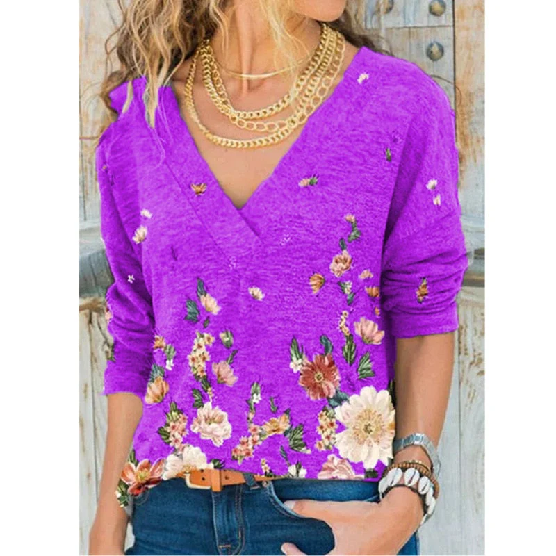 FashionSierra - V-neck Flower Print Long-sleeved T-shirt - Image 11
