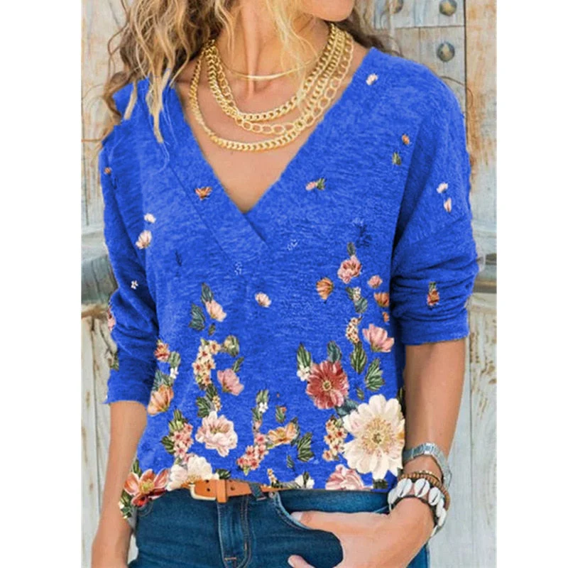 FashionSierra - V-neck Flower Print Long-sleeved T-shirt - Image 4