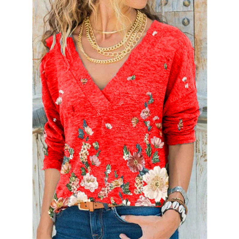 FashionSierra - V-neck Flower Print Long-sleeved T-shirt - Image 5