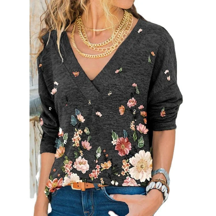 FashionSierra - V-neck Flower Print Long-sleeved T-shirt - Image 6