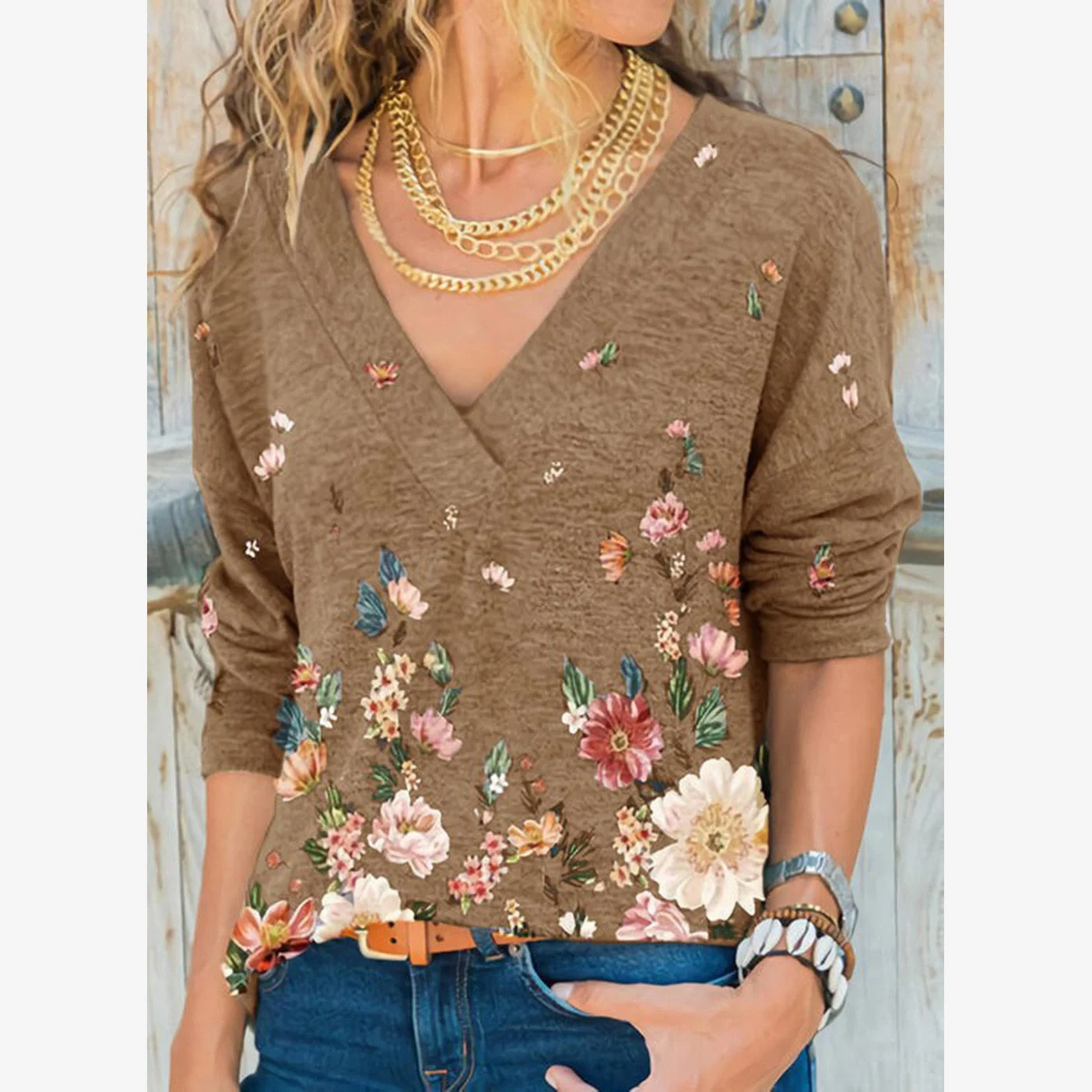 FashionSierra - V-neck Flower Print Long-sleeved T-shirt - Image 8